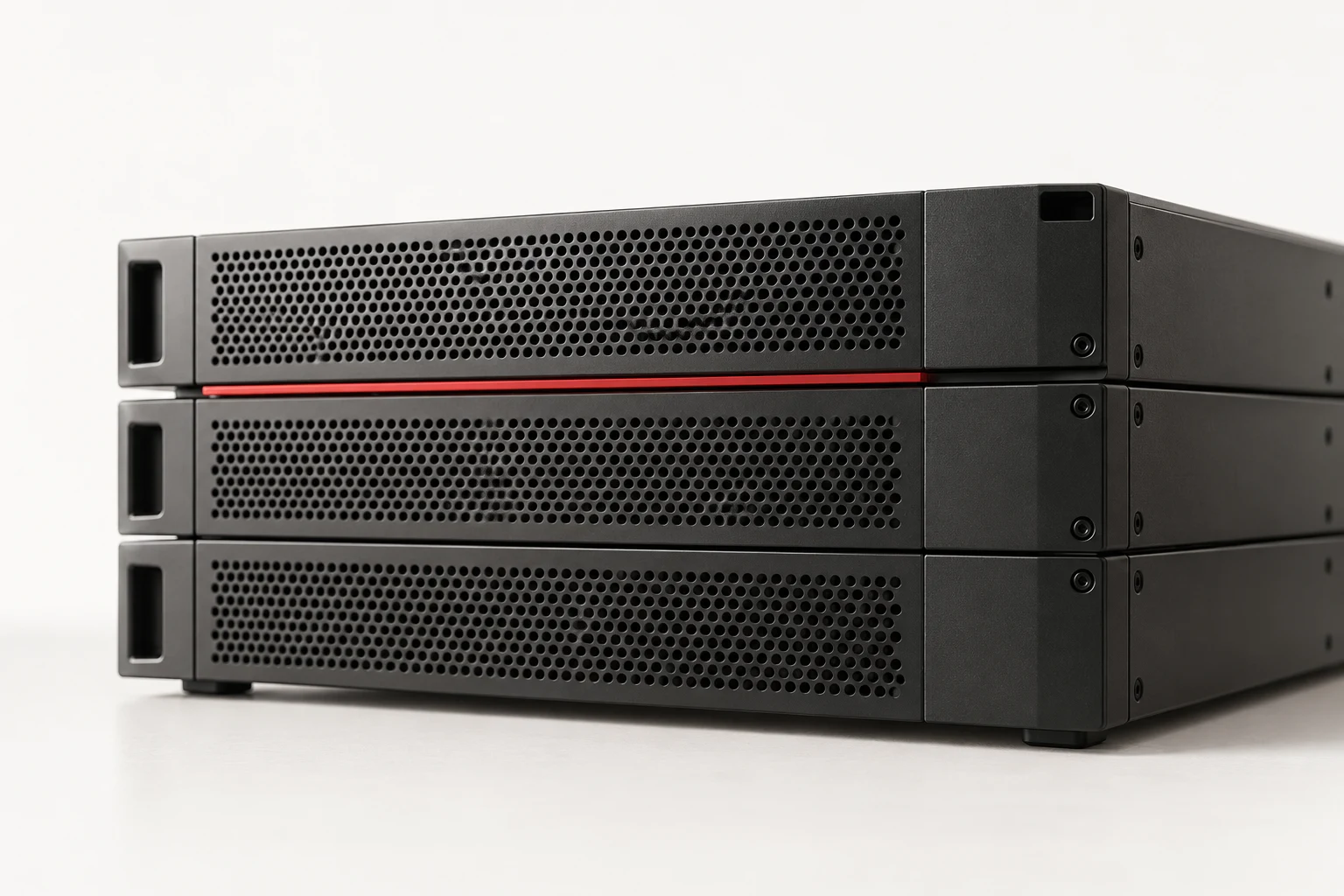 An architectural still life of graphite server modules with a single red connecting rail.